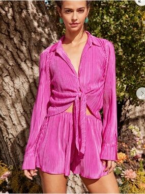 Lulus Casually Luxe Fuchsia Satin Plisse Set size XL